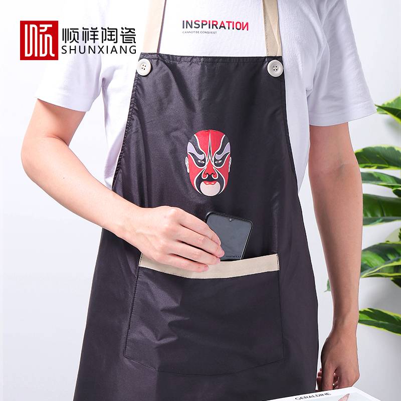 顺祥时尚围裙(卡其色-京剧花旦+玄色脸谱）