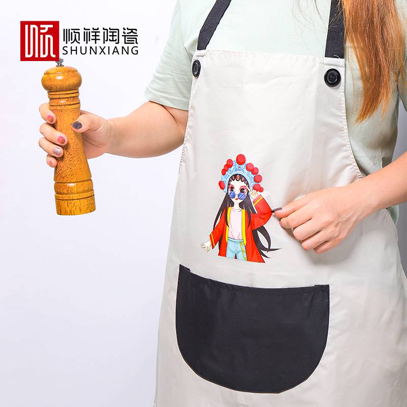顺祥时尚围裙(卡其色-京剧花旦+玄色脸谱）